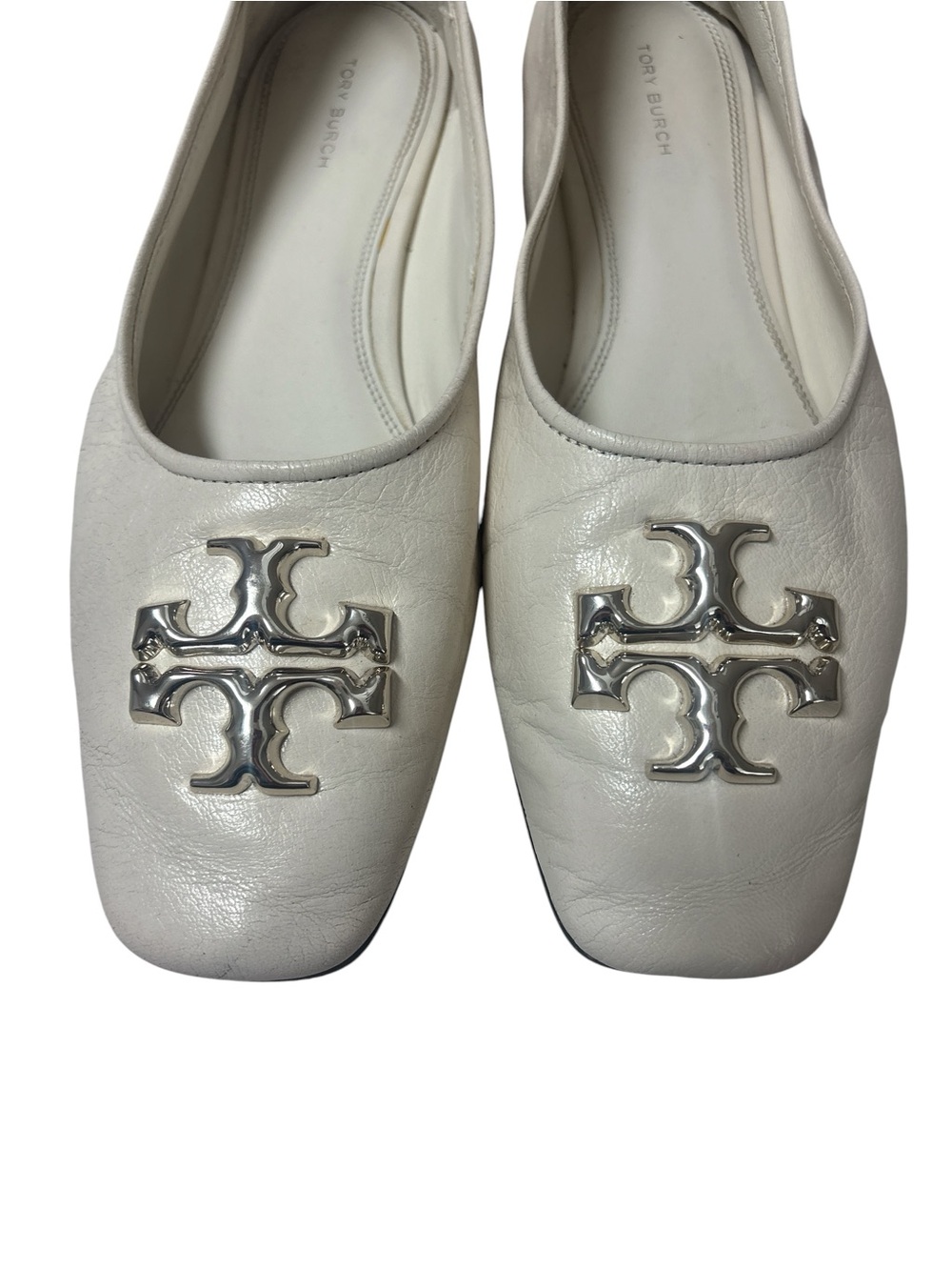 Tory Burch Eleanor Ivory Leather Logo Ballet Flats - Picture 2 of 6
